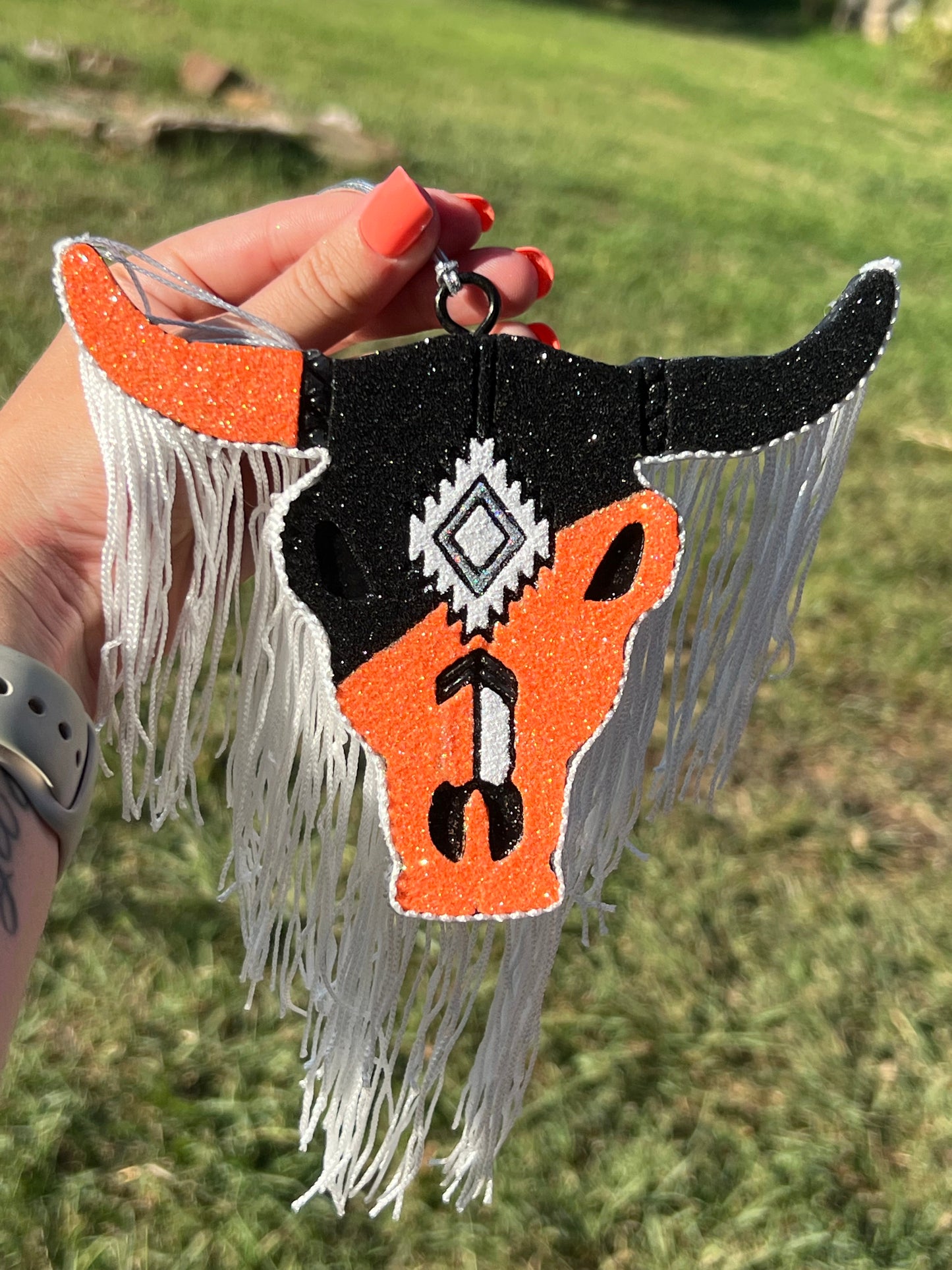 Black & Orange Bull Skull Freshie with White Fringe