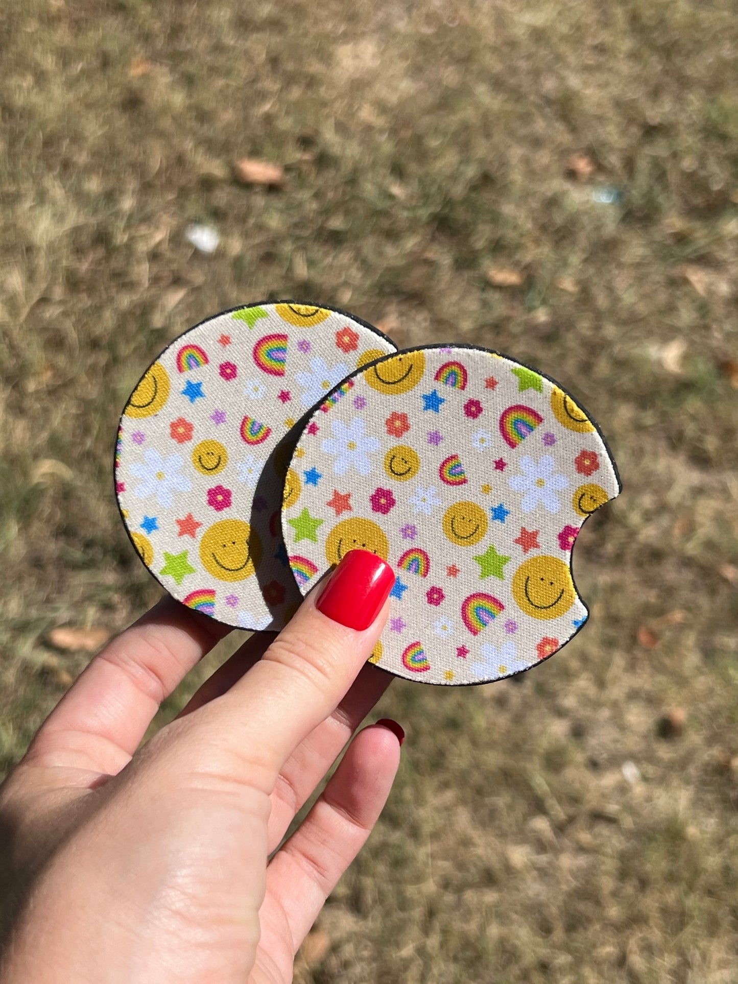 Rainbow and Smiles Car Coasters