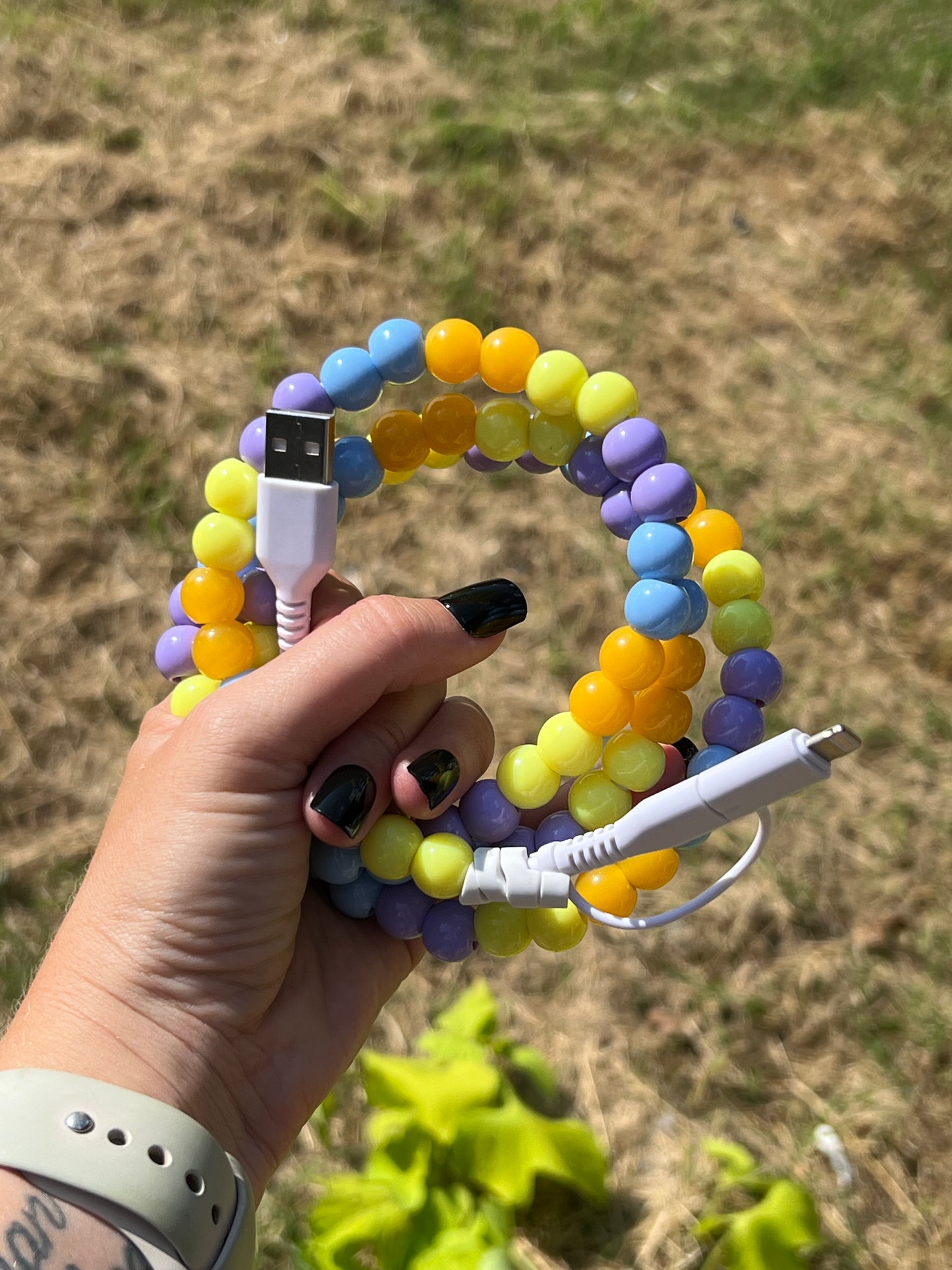 3ft Long Beaded Dual Chargers - Blue, Yellow, and Purple