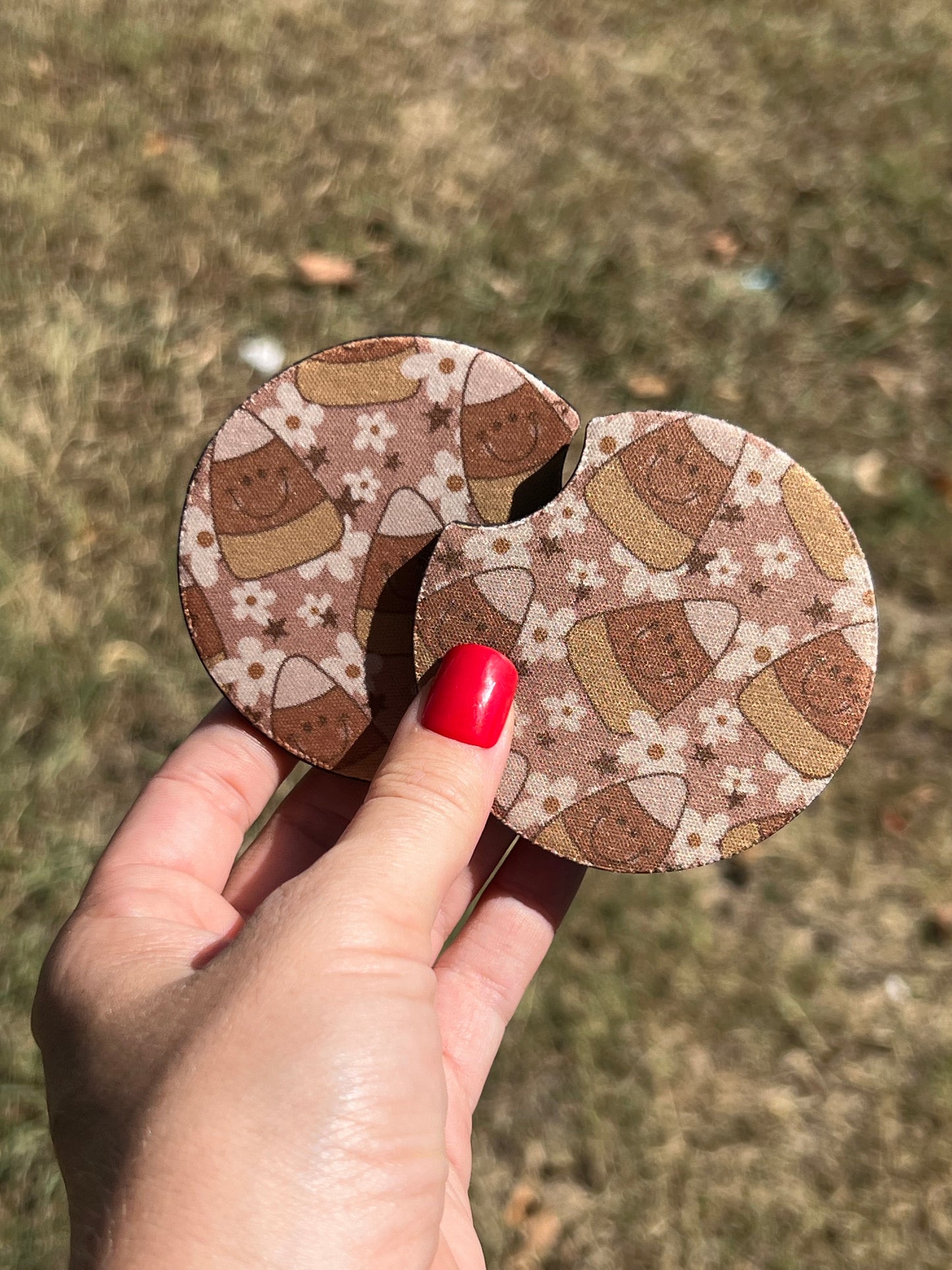 Light Brown with Candy Corn and Daisies Car Coasters