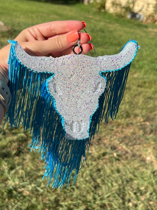 White Bull Skull with Blue Fringe Freshie