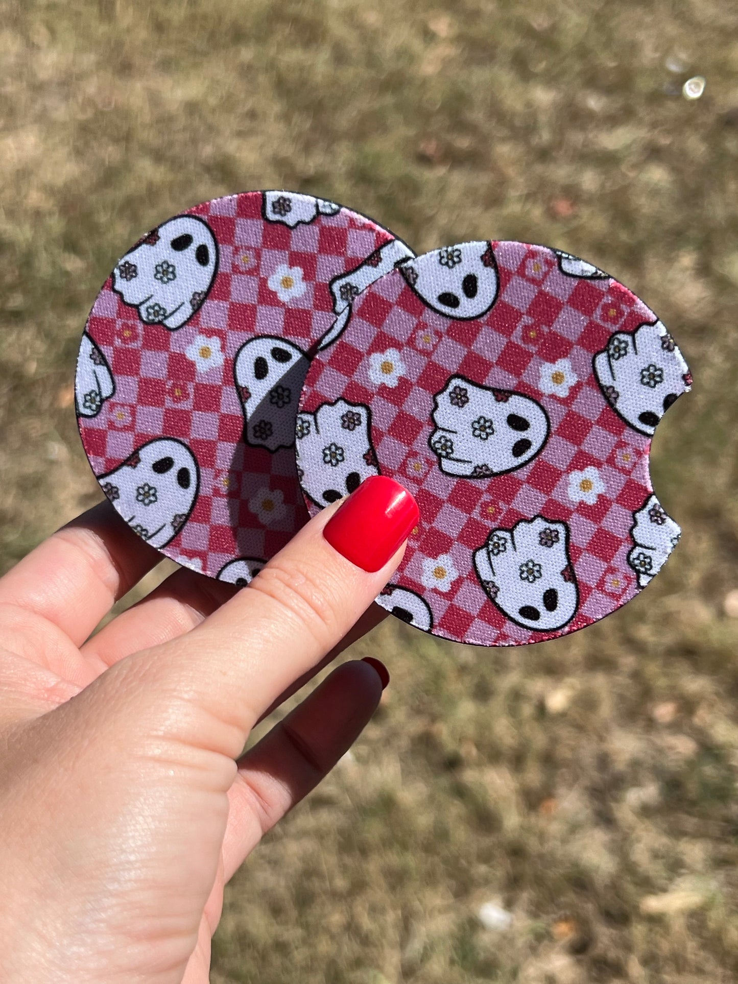 Pink Checkered with Ghosts Car Coasters