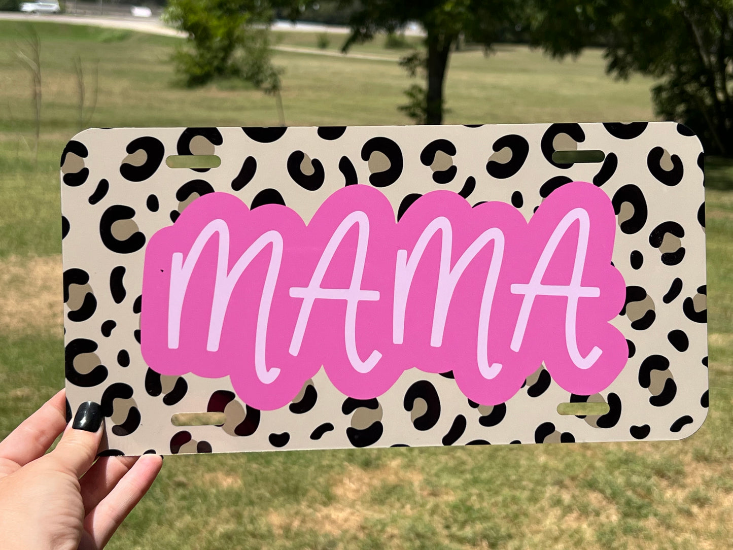 Leopard Background with Mama in Pink License Plate