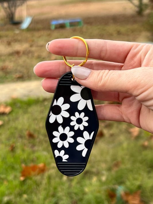 White Flowers on Black Motel Keychain