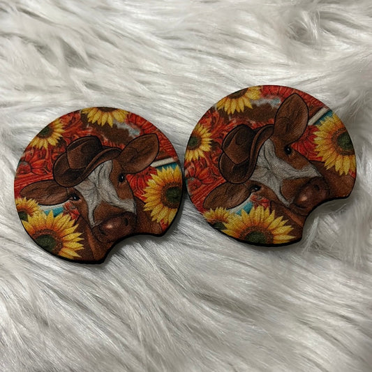 Highland Cow Sunflower Car Coasters