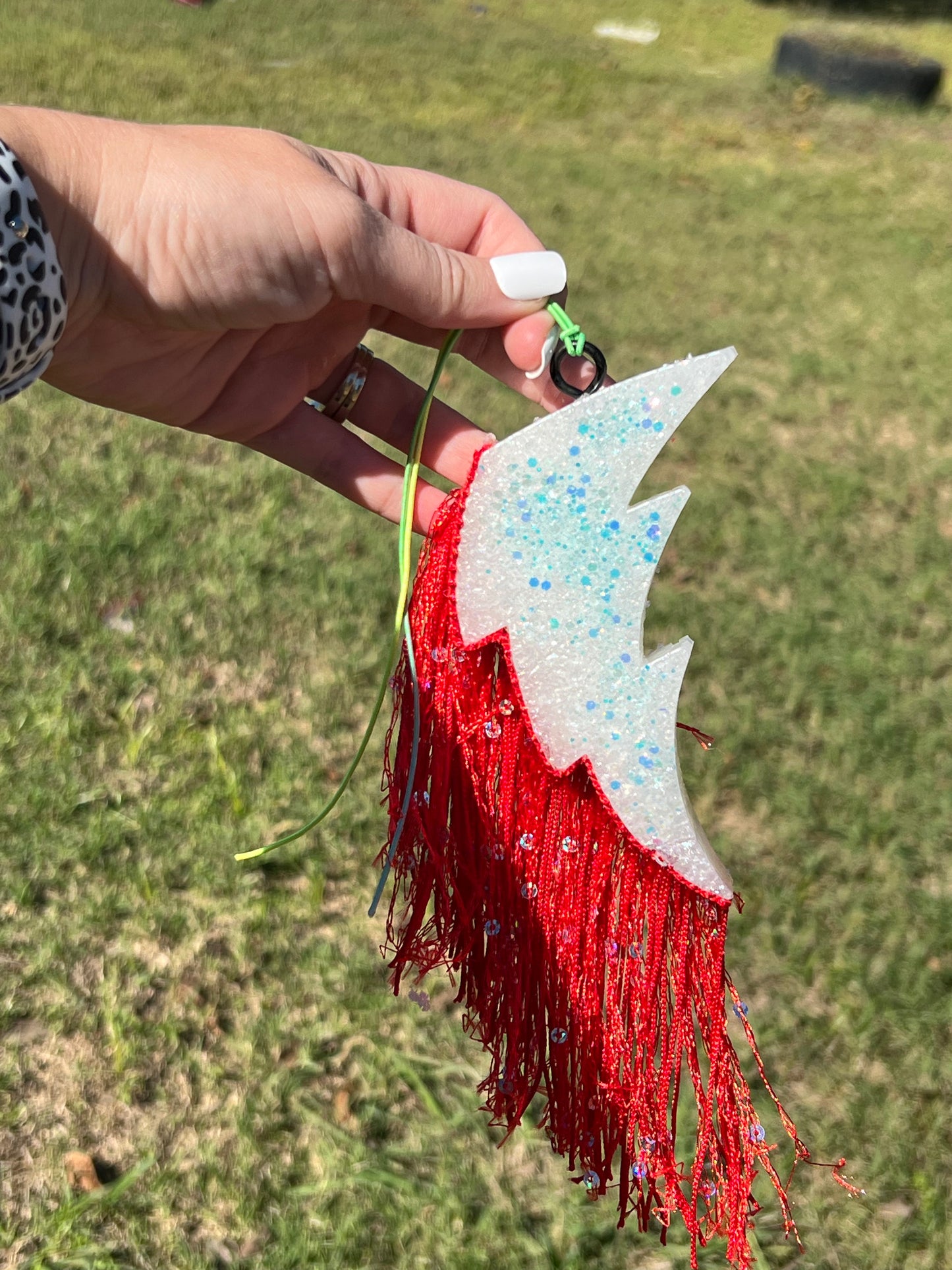 White Lightening Bolt with Red Fringe Freshie