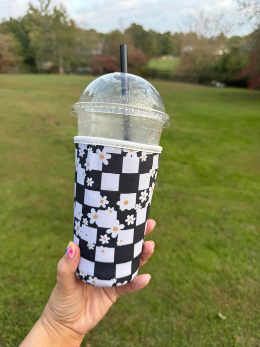 Coffee Koozies - Black / White Checkered with Flowers