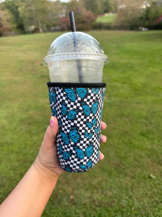 Coffee Koozies - Black / White with Blue Butterflies