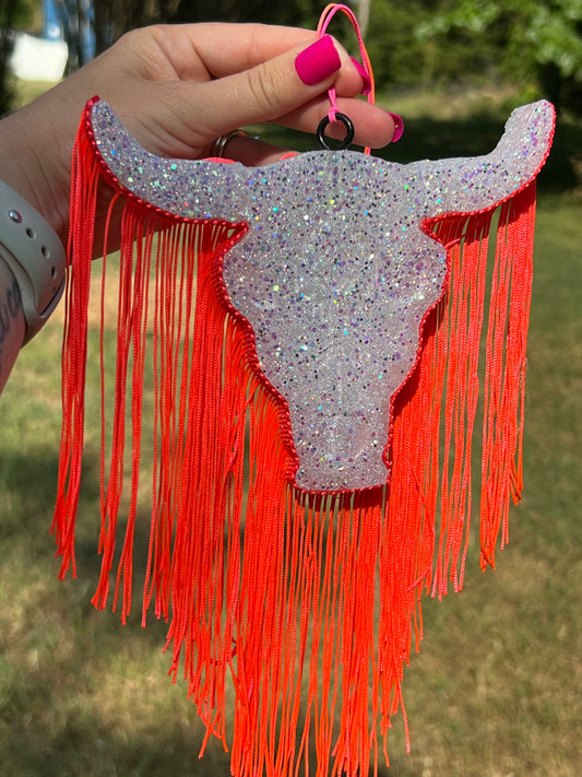 Glitter Bull Skull with Orange Fringe Freshie