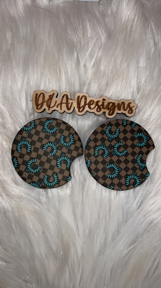 Brown Checkered with Turquoise Car Coasters